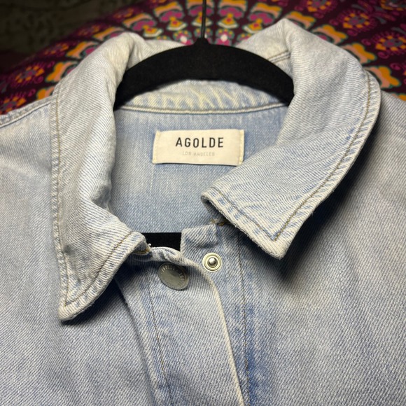 AGOLDE NYX Distressed Denim Shirt Jean Jacket Light Wash Cropped Raw Hem Size S - Picture 6 of 10